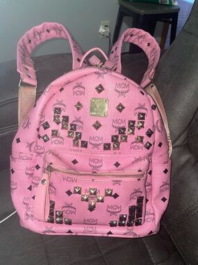 MCM Pink Logo Studded Backpack